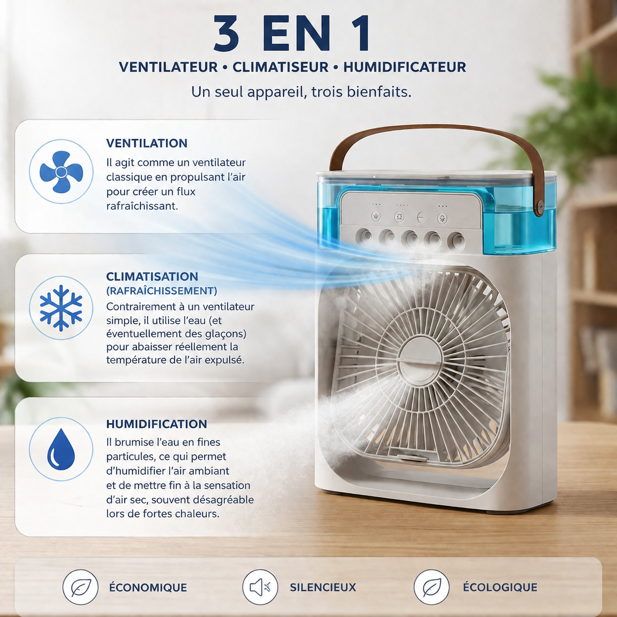 AERO - mini climatiseur portable 3-en-1 | Ventile, Rafraîchit & Humidifie